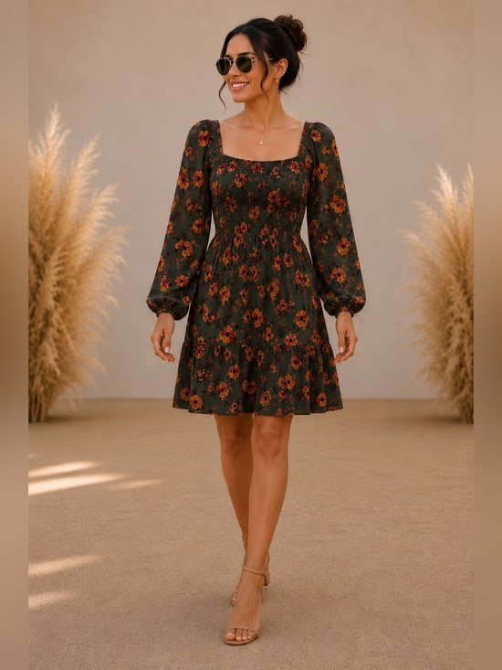 Time and Tru Dresses & Skirts - Time and Tru Green Floral Square Neck Midi Dress With Pockets Size XXL